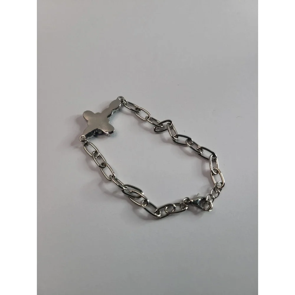 Silver Tone Blue Bracelet Cabochon Cross Bracelet Paperclip Chain Western Boho